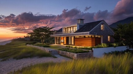 Obraz premium A modern beach house at twilight with large glass windows, wooden paneling,