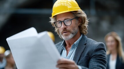 construction manager in a yellow hard hat studies project plans at a busy construction site. Colleagues in hard hats are present, focusing on their tasks
