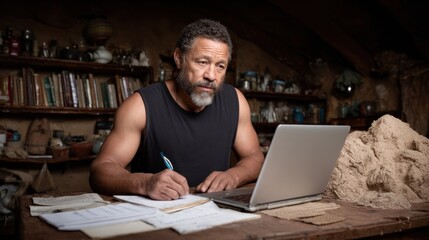 Man with a beard in a sleeveless shirt works intently on his laptop, surrounded by books, papers, and natural materials in a rustic setting
