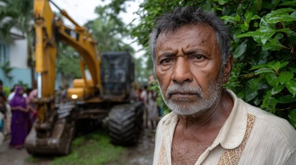 man looks concerned as heavy machinery works nearby in a busy area. Rain falls, and community members gather around, showcasing their interest and anxiety in the situation