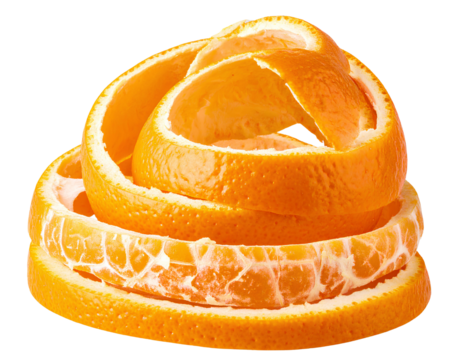 Firefly_Pile of freshly peeled bright orange citrus fruit skins with white pith isolated