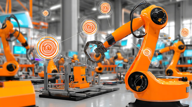 Industrial robotic arms in a smart factory with sensor networks and automation technology