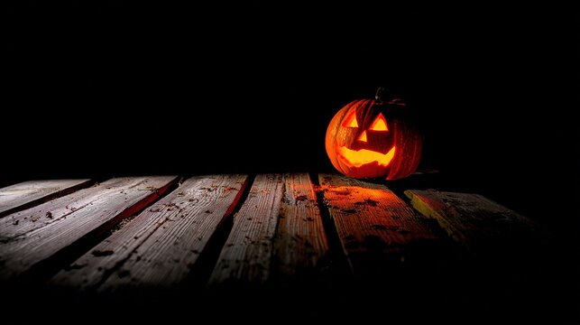 ominous. Carved Halloween pumpkin emitting an eerie orange glow, placed on weathered wooden planks for a spooky effect. event programs.