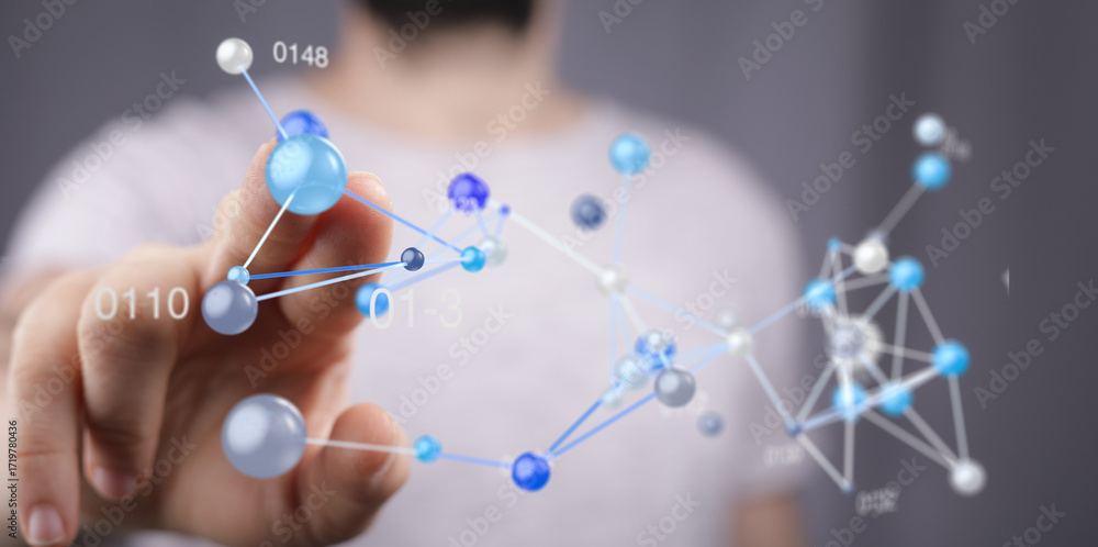 Poster abstract image of a person interacting with a digital network, representing connection, technology, 