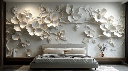 Luxury bedroom with 3D flower art high resolution photo