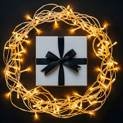 White Gift Box with a Black Ribbon Surrounded by Golden Fairy Lights