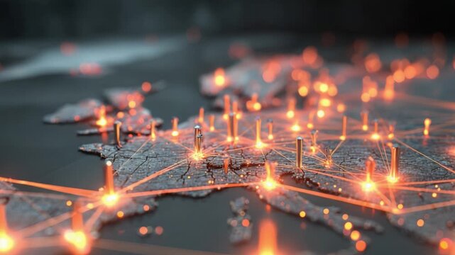 Abstract 3d rendering of a European map with glowing connection points and animated light beams representing data transmission, communication, technology, and global connectivity