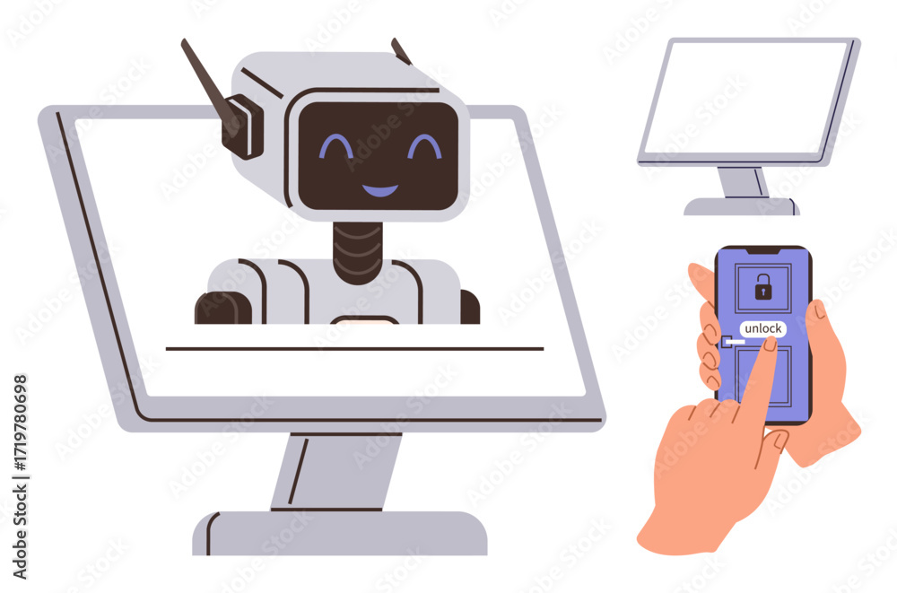 Aufkleber smiling ai chatbot on computer monitor with hands unlocking phone. ideal for technology, ai communic