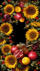 Autumnal fruits and flowers arrangement