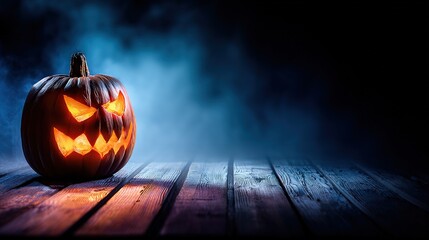 ominous. Carved Halloween pumpkin emitting an eerie orange glow, placed on weathered wooden planks for a spooky effect. event programs.
