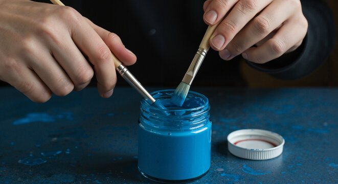 Hands mixing blue paint in jar with brushes on table  