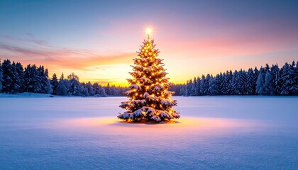 Illuminated Christmas Tree in Snowy Winter Landscape at Sunset