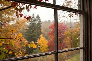 Raindrops on a window with colorful autumn trees in the background