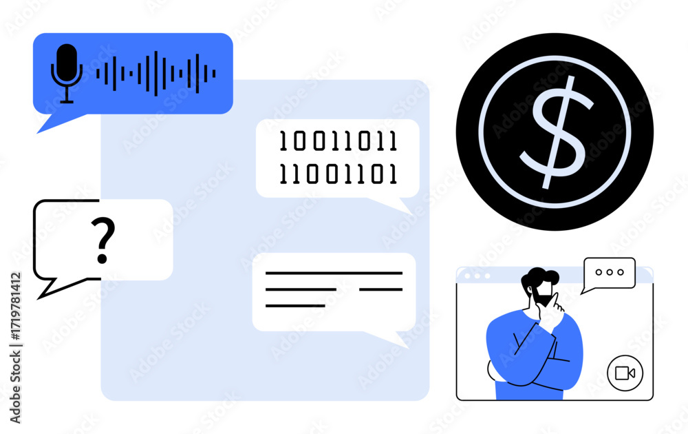Poster speech bubbles with text, a microphone, binary code, dollar sign, and thinking man in video call. id