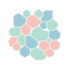 Abstract arrangement of geometric shapes in pastel colors, forming an organic, cluster-like design on a white background.
