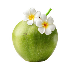 Young Green Coconut with Evenly Peeled Flat Top Centered on transparent background