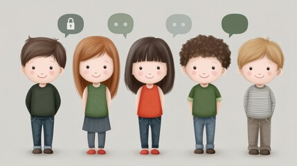 Obraz premium Engaging communication, children with speech bubbles sharing ideas and thoughts kids