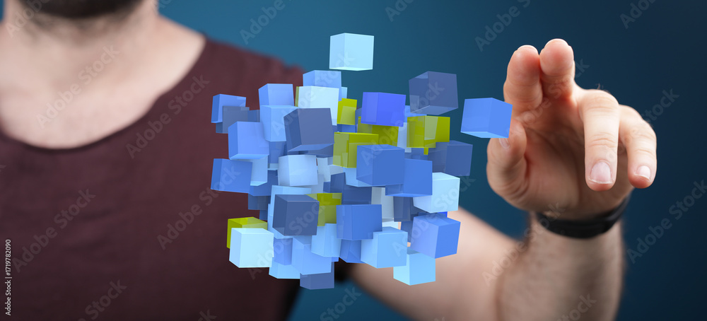Poster abstract image of a person interacting with a cluster of colorful 3d cubes, representing data, techn