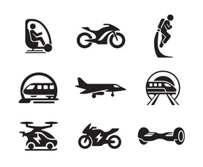 bundle of futuristic transportation modes black silhouettes 