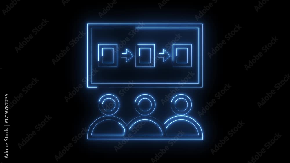 Aufkleber glowing neon flowchart presentation with audience on dark background explaining process improvement 