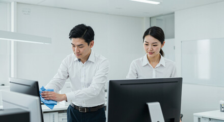 Young Asian professionals cleaning computer screens in modern office  
