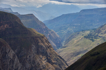 Naklejka premium Mirador of Huanca Urco near Chachapoyas, the view stretches across dramatic canyons and a vast Andean landscape. A sweeping panorama where depth, silence, and grandeur merge, offering a glimpse into t