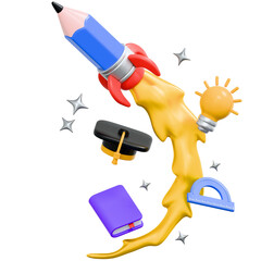 3D Render of Education and Learning Tools with Rocket Launching Concept