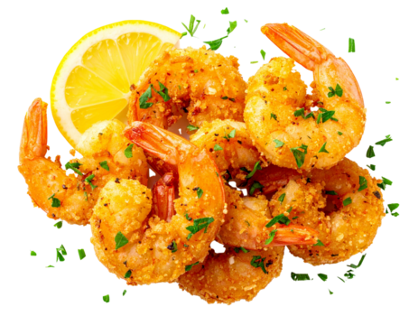 Ultra HD 8K PNG of crispy butter prawns with garlic seasoning, sprinkled with fresh h 396541