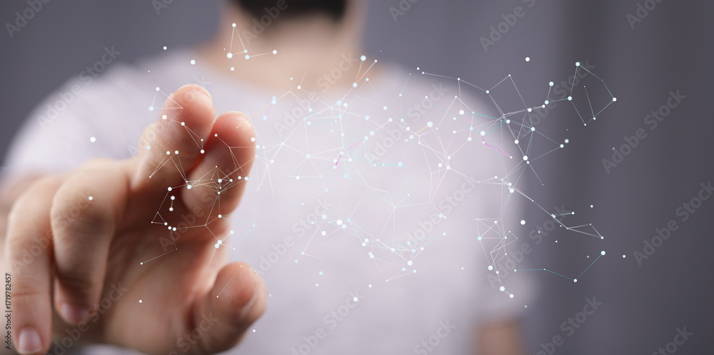 Poster abstract image of a hand interacting with a digital network, representing connection, technology, an