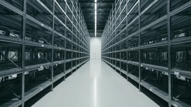 Vast empty warehouse shelves stretching into the distance, a symbol of storage and logistics