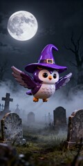 Cute 3D owl with purple witch hat flying in misty graveyard on full moon night, Halloween theme