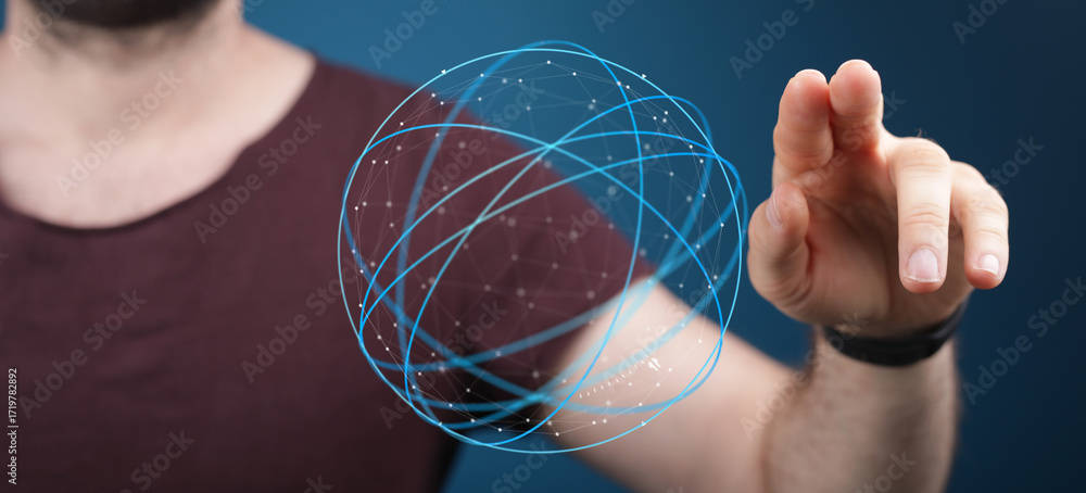 Poster high-tech image of a person interacting with a digital globe, representing connection and innovation