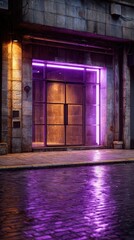 Purple neon lit storefront at night