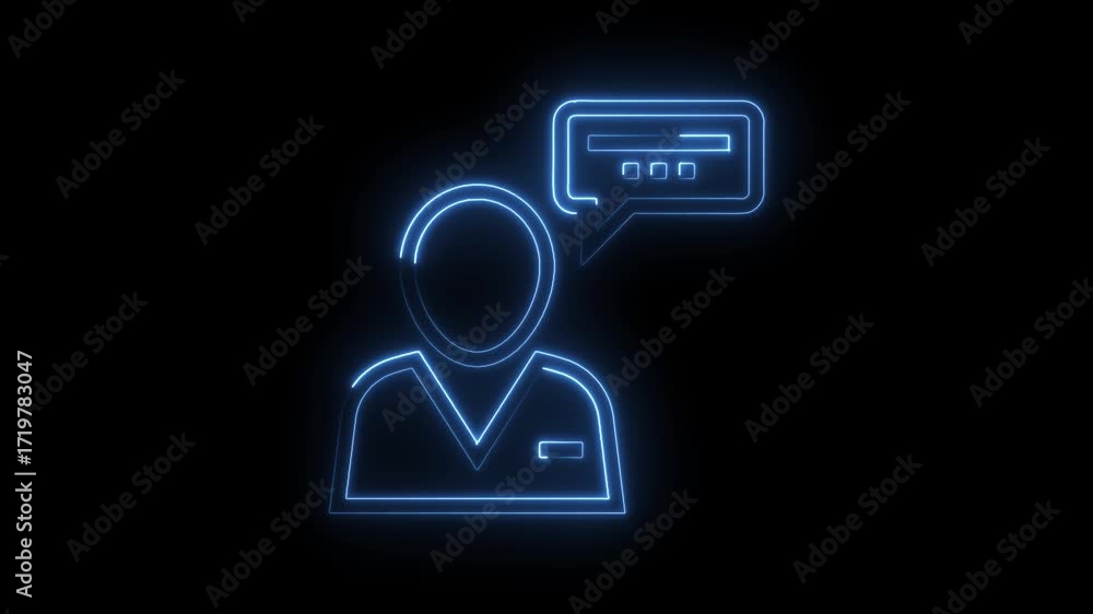 Poster neon style animated customer service representative with speech bubble on black background