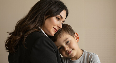Fototapeta premium Mother embracing and comforting young son indoors with warmth 