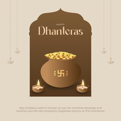 Happy Dhanteras Post and Greeting Card. Indian Festival of Lights and Akshaya Tritiya Celebration Creative Poster with Text Vector Illustration