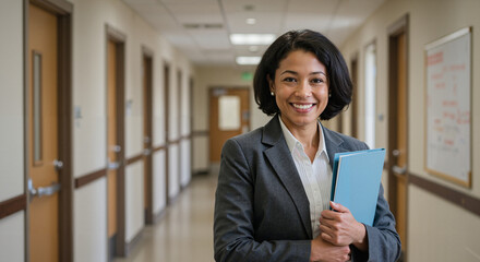 Professional woman smiling while holding a folder in office hallway  