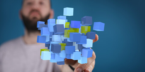 Abstract image of a man holding digital data cubes. Perfect for technology, innovation, and...