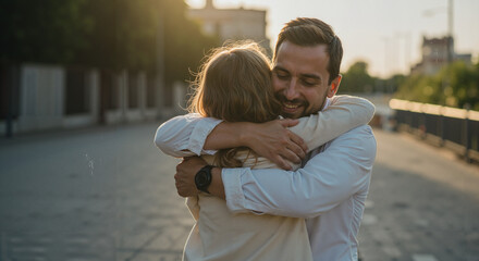 Fototapeta premium Couple embracing warmly in sunlight on a city street 