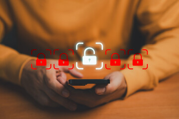 Cybersecurity concept with man holding smartphone and glowing lock icons, data protection, online privacy, secure access, mobile security, and digital risk management technology.