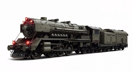 Obraz premium A futuristic military defense train with armored plating mounted cannons and glowing red lights on plain white background