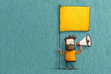 Illustration of a man holding a blank yellow flag and megaphone