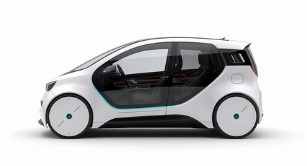 A futuristic minimalist city car with rounded edges transparent doors and compact design on plain white background