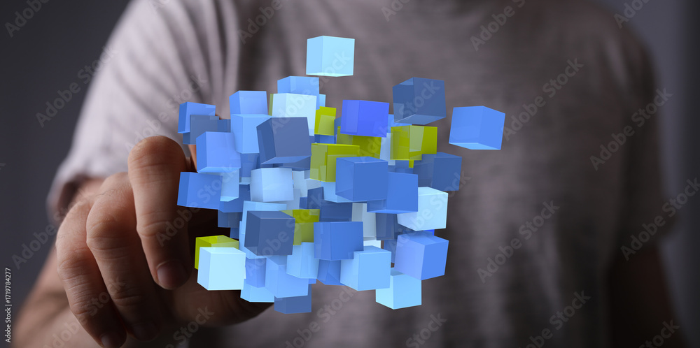 Poster abstract image of hand interacting with blue data cubes. digital transformation, innovation, technol