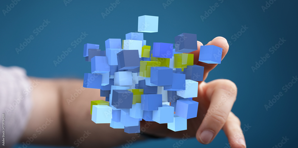 Poster abstract image of hand interacting with digital blocks. perfect for technology, innovation, and conn