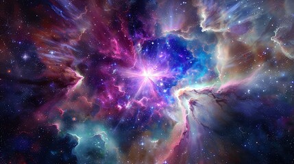 Fototapeta premium Colorful Bean Burst against Starry Sky, Radiant Life-Force Particles Eruption
