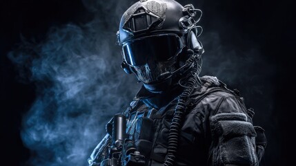 Fototapeta premium Military specialist in dark gear