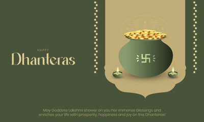 Happy Dhanteras Banner and Greeting Card Wishes. Indian Festival of Lights and Akshaya Tritiya Background with Text Vector Illustration