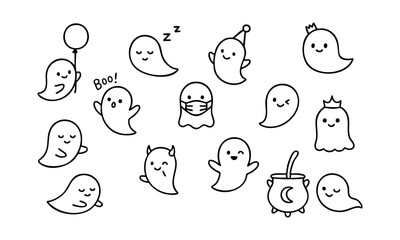 Cute Ghost Line Icon Set Minimal Kawaii Monoline Vector illustration, easily editable and scalable.
