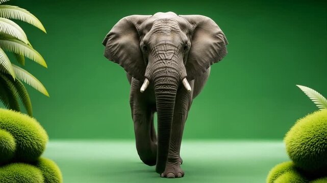 Camera in a lush jungle environment with film strip border, green background elephant 4K video